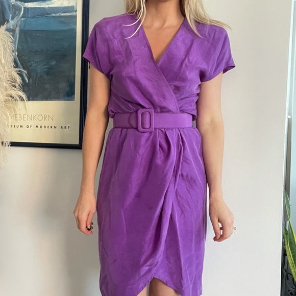 Vintage Purple Silk Midi Dress Belted Faux Wrap Small - Picture 5 of 5